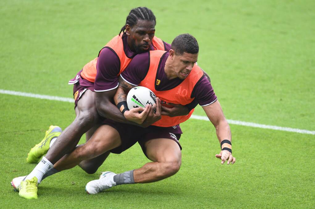 Debut: Knights winger Edrick Lee [pictured with Maroons teammate Dane Gagai] will make his State of Origin debut against NSW after injury ruled out winger Xavier Coates. 