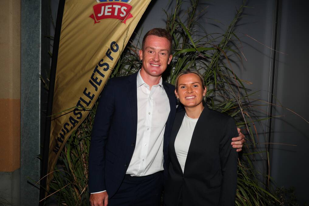Newcastle Jets men's captain Brandon O'Neill and women's captain Cassidy Davis at the 2023-24 season launch at Modus Merewether on Wednesday night. Picture by Peter Lorimer
