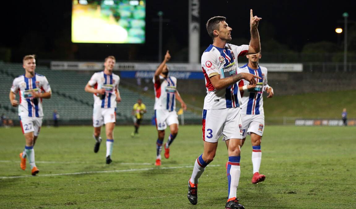 ON TARGET: Jason Hoffman celebrates his goal in the Jets' 1-0 win over Wellington. Picture: AAP
