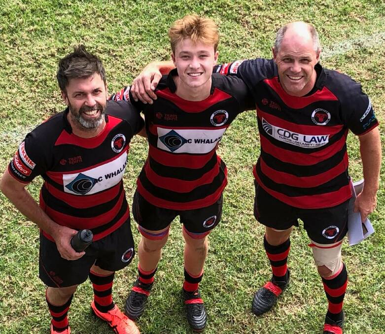 FAMILY AFFAIR: Anthony Partridge (right) with son Will (middle)and twin brother Tim after playing together for Singleton. Picture: Supplied 