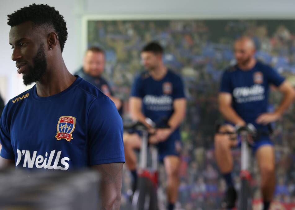 ON DECK: Bernie Ibini (left) and Steve Ugarkovic (centre) were on deck for testing at Jets training on Monday despite requesting a release from the club. Picture: Sproule Sports Focus