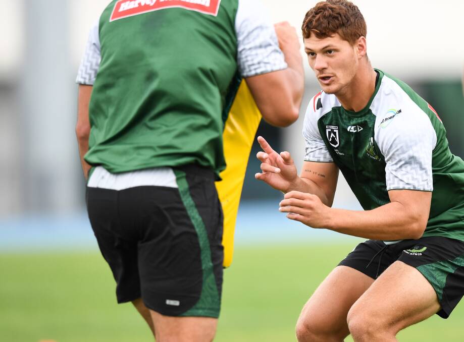 FOCUSED: Kalyn Ponga hits the tackle pads at training with the New Zealand Maori team on Tuesday. Picture: AAP