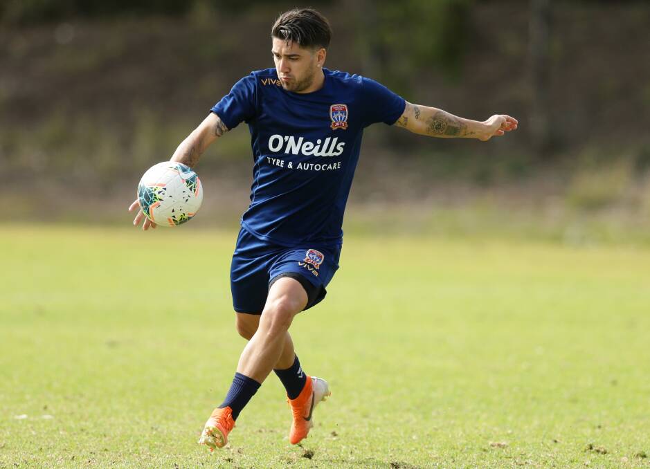 DANGER MAN: Dimi Petratos lets fly with a shot at Jets training. Picture: Jonathan Carroll