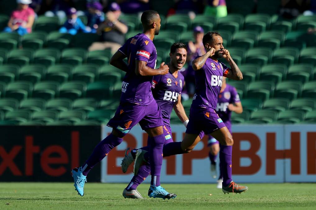 DOUBLE TROUBLE: Diego Castro celebrated after scoring the first of his two goals to help steer Perth to a 6-2 demolition of the Jets. Picture: Getty Images