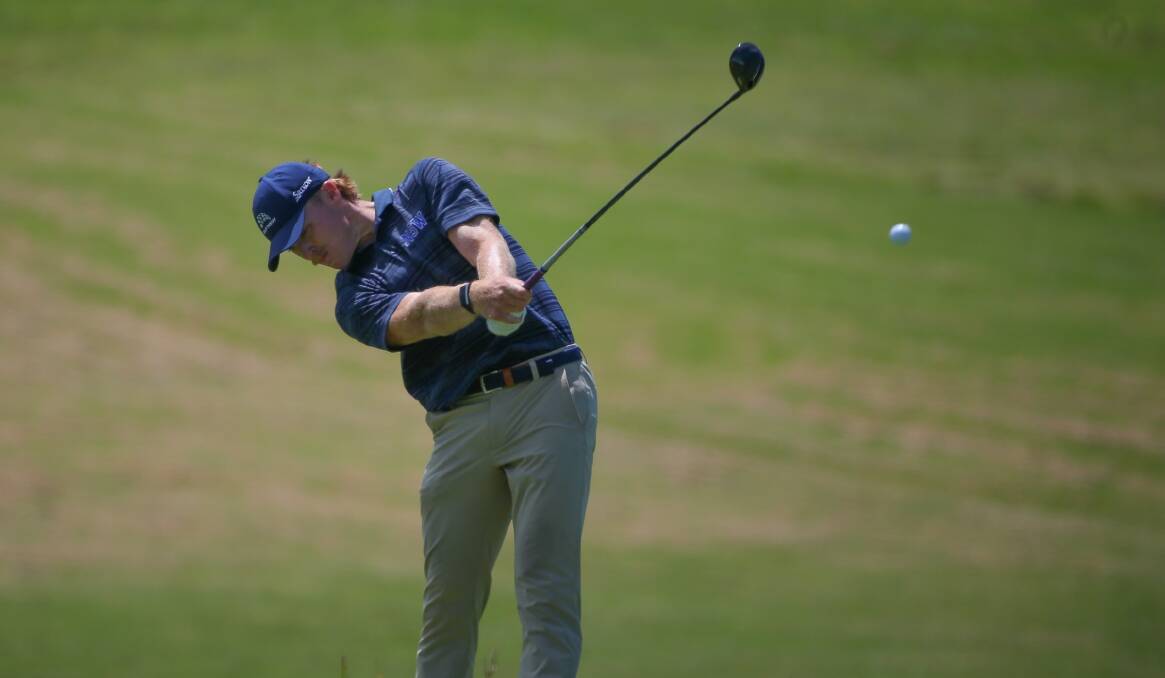 ON COURSE: Charlestown's Jye Pickin hits a fairway wood at the NSW Amateur on Wednesday. Picture: David Tease (Golf NSW)