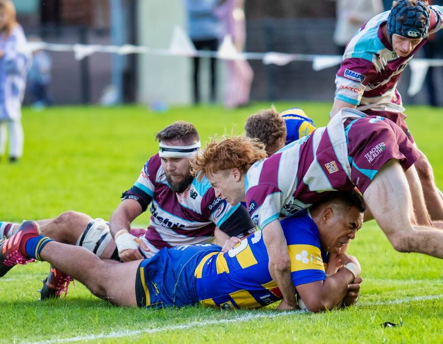 TRY TIME: Barnstorming Hamilton prop Chris Hemi crashes over in the Hawks' 31-28 win over University at Passmore Oval on Saturday. Picture: Picture: Stewart Hazell
