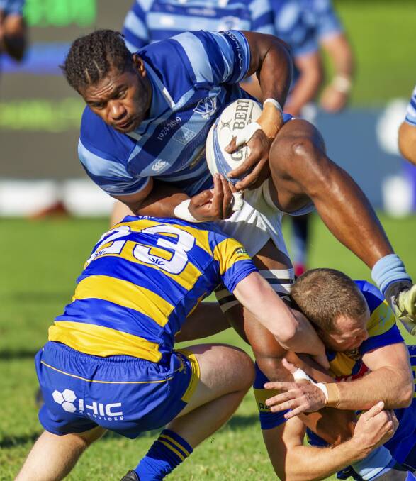 BLOCKBUSTER: Wanderers centre Nimi Qio is met low by Hamilton duo Angus Brown and Dane Sherratt. The Two Blues and Hawks will battle for the Hawthorne Cup at Passmore Oval on Saturday. Picture: Stewart Hazell