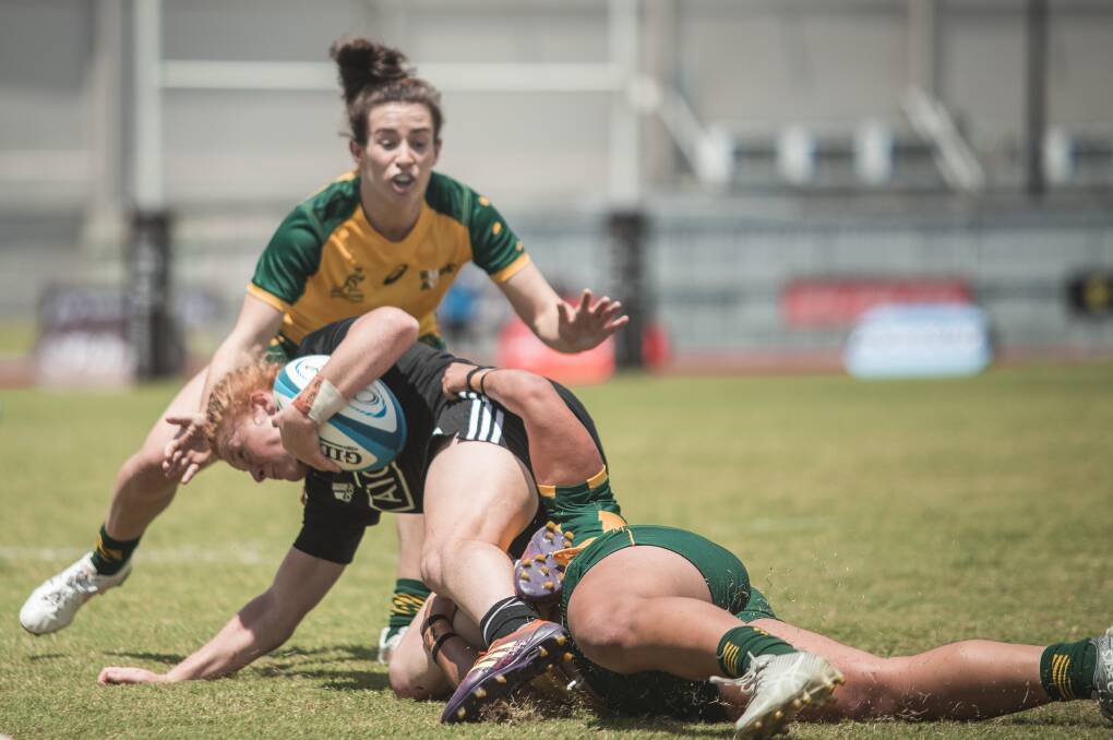 IMPRESSIVE: Maya Stewart goes in for a tackle against the Black Ferns. The winger scored four tries against Samoa. Picture: Getty Images