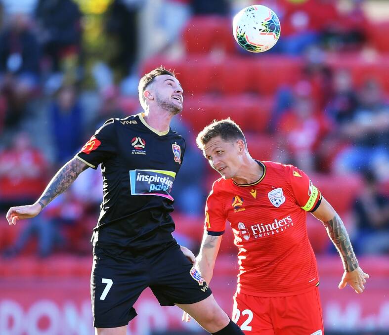 HEAD ABOVE: Roy O'Donovan scored his third goal in three games as the Jets powered past Adelaide United 3-0 at Coopers Stadium on Sunday. Picture: Getty Images