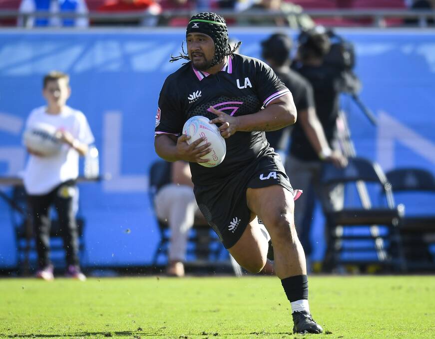 ON THE CHARGE: Andrew Tuala hits the ball up for the Gilitinis against the Utah Warriors in the Major League Rugby clash at the LA Coliseum in March. Picture: Getty Images