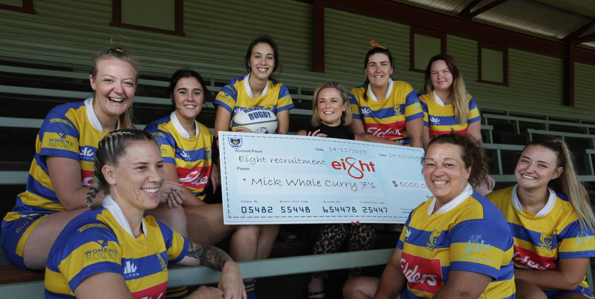 PARITY: Nadene Barretto from Recruitment Eight with Hamilton players at the announcement of equal prizemoney for men and women at the Mick "Whale" Curry Sevens. Picture: Simone De Peak