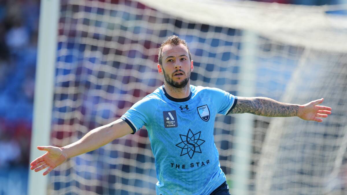Sydney striker Adam Le Fondre celebrates after scoring the opening goal in the Sky Blues' 2-0 win over the Newcastle Jets. Picture by Max Mason-Hubers