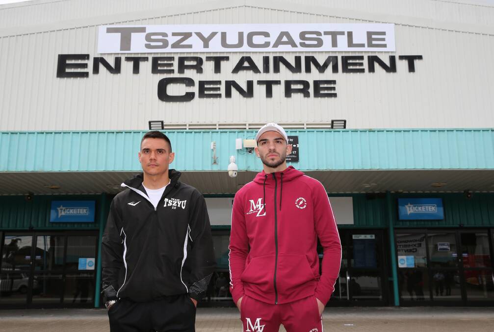 My town: Rival boxers Tim Tszyu and Michael Zerafa pose outside the re-named Tszyucastle Entertainment Centre, the venue for their July 7 fight. Their showdown is already a sellout. Picture: Peter Lorimer/Getty Images.