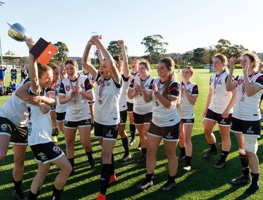 FLYING HIGH: Maitland Magpies players celebrate after beating Newcastle Olympic 3-1 in the final to claim the women's State Cup on Sunday. Picture: Max Mason-Hubers