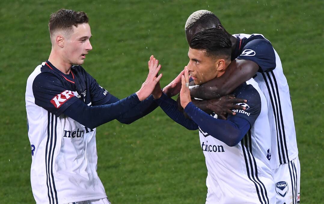 DOUBLE TROUBLE: Andrew Nabbot scored a brace for Melbourne Victory against his former club Newcastle. Picture: AAP
