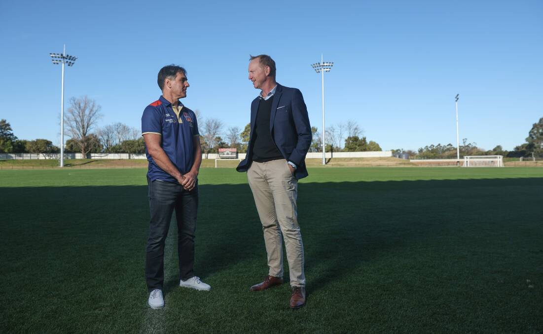 New Jets coach Robbie Stanton and executive chairman Shane Mattiske at Maitland Sportsground on Monday. Picture by Marina Neil