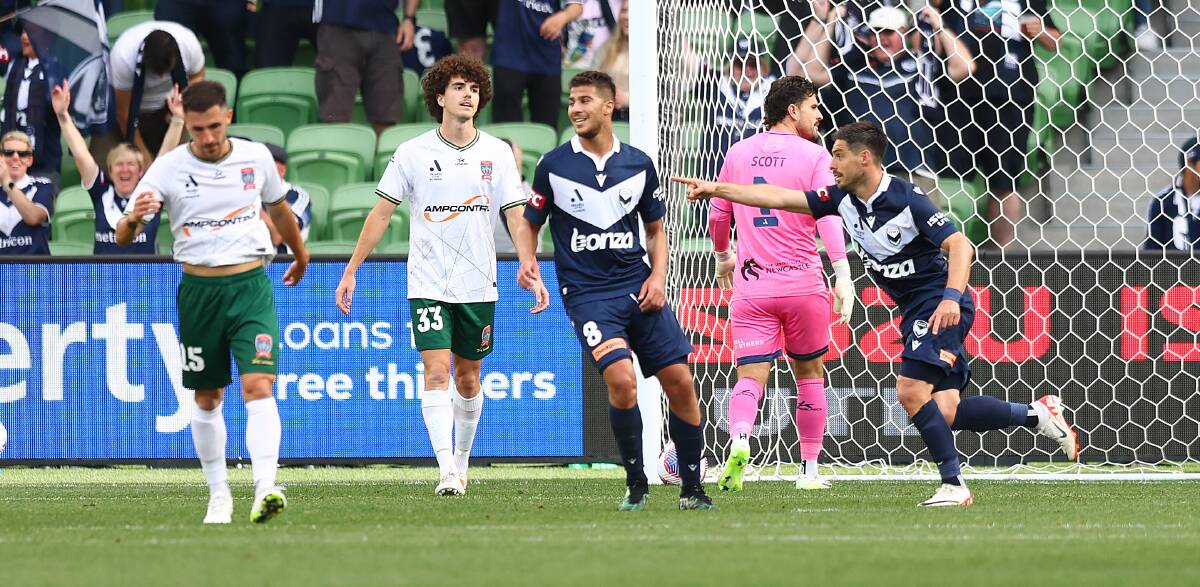 Melbourne Victory striker Bruno Fornaroli celebrates after scoring one of his four goals in a 5-3 win over the Newcastle Jets at AAMI Park. Picture by Graham Denholm, Getty Images