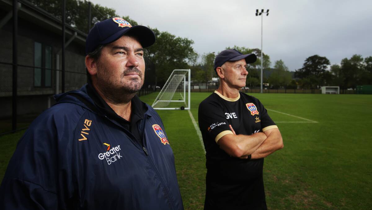Damian Zane (left) and Gary van Egmond. Zane is the Jets youth team coach. Van Egmond is in charge of the Jets academy and women's program and has twice been at the helm of the A-League squad. Picture by Simone De Peak