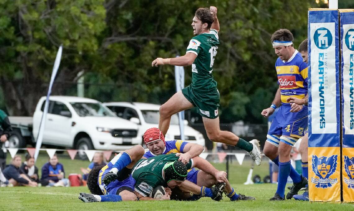 MATCH-WINNER: Merewether prop Tom Newman crashes over beside the posts to seal a come-from-behind 21-19 triumph for the Greens over Hamilton. Picture: Matthew Mockovic (NBN)