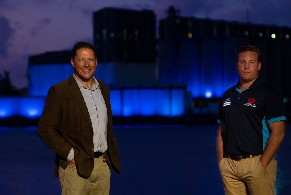 TRUE BLUE: Former Wallabies captain Phil Kearns and NSW Rugby Union's Tim Rapp in front of the blue silos. Picture: Simon McCarthy