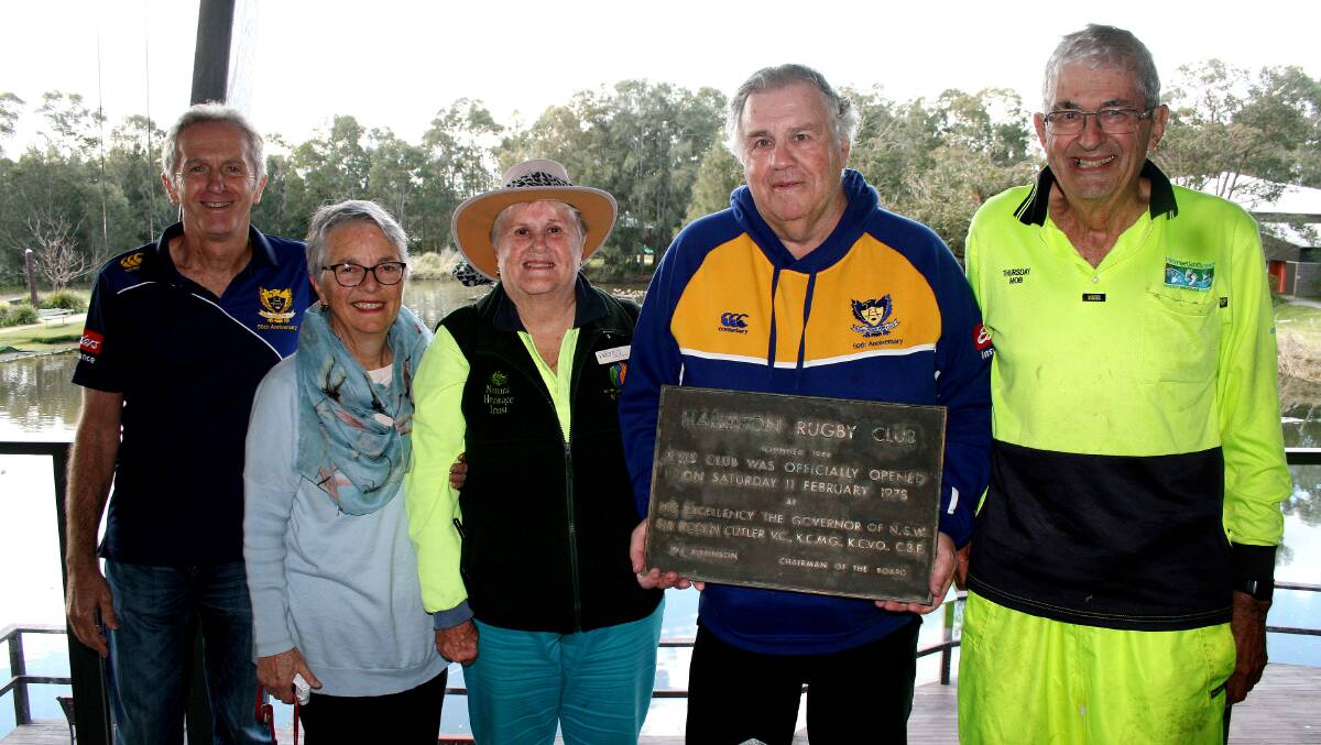 HAPPY MEMORIES: Hamilton old boys Paul Woolf (left) and Tony Morris (3rd from left) received the commemorative plaque from Hunter Wetlands representatives Chris Prietto, Jenny Castles and Paddy Lightfoot.