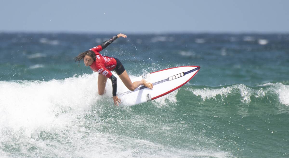 CLOSE CALL: Philippa Anderon  on the lip of a wave in the third round at Birubi on Saturday. 