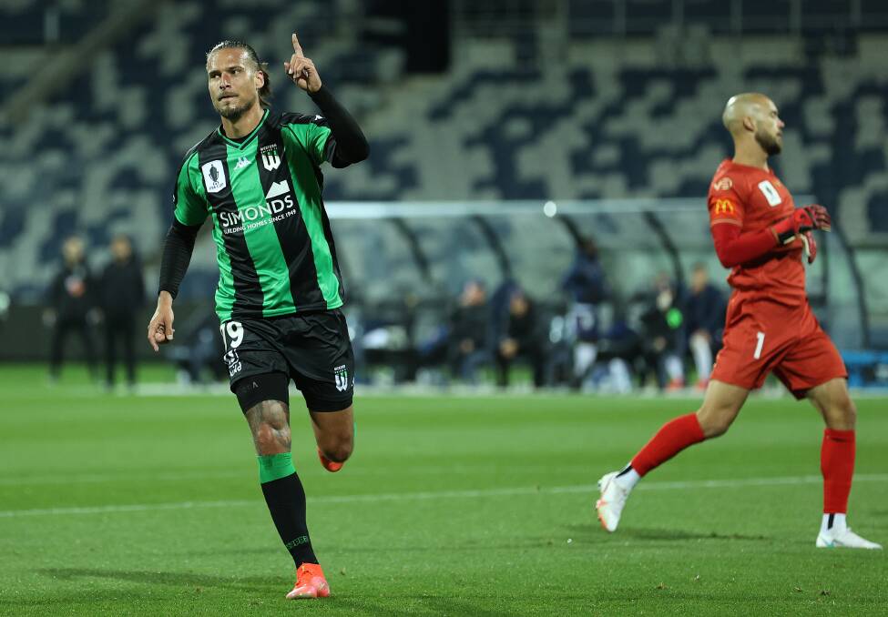 MATCH-WINNER: Aleksandar Prijovic celebrates after pouncing on an error from Jack Duncan to score Western United's second goal. Picture: Getty Images