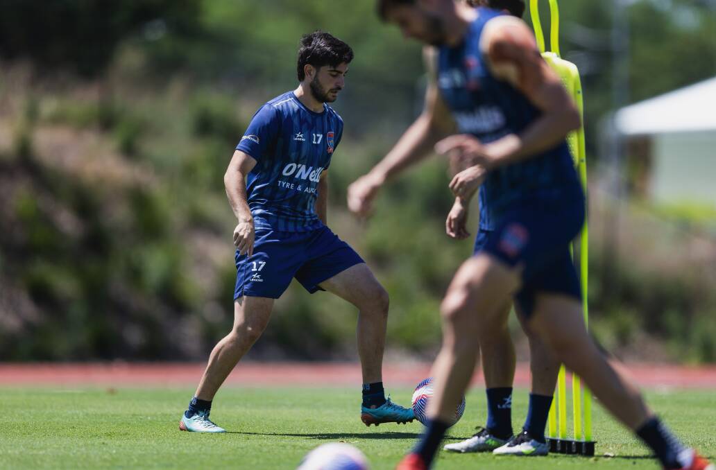 Newcastle jets midfielder Kosta Grozos in action on the training pitch at Maitland Sportsground. Picture by Marina Neill