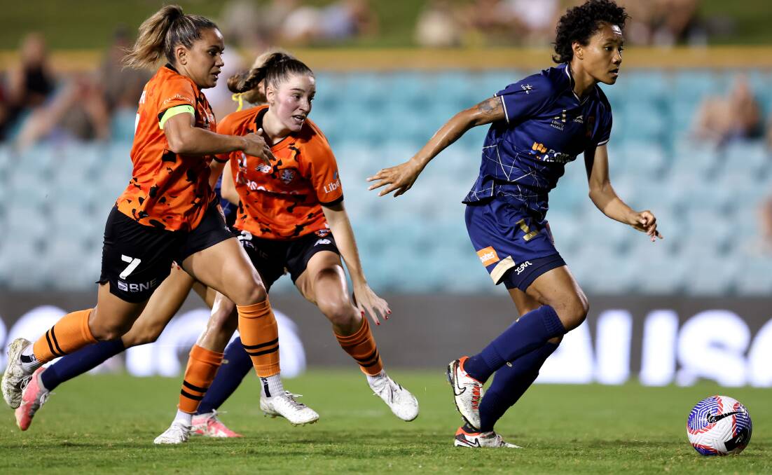 Striker Sarina Bolden bursts clear of the Roar defence in the Jets' 2-1 win at Leichhardt Oval on Saturday night. Picture Getty Images