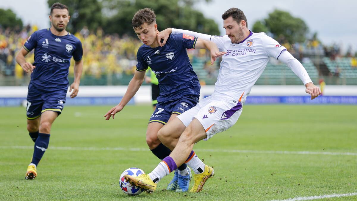 Former Broadmeadow Magic striker Jacob Dowse on the ball for Perth Glory. Picture Getty Images