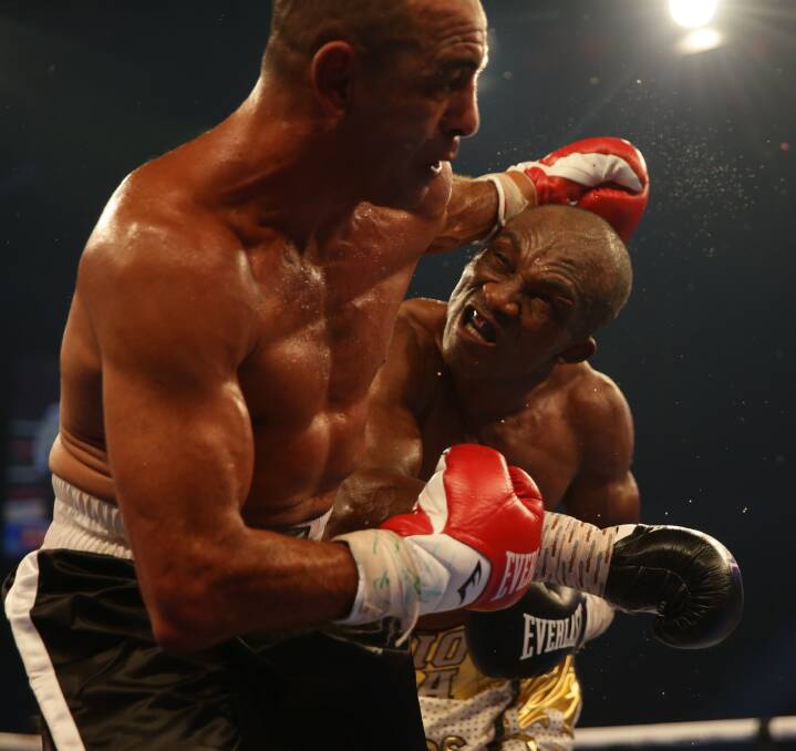 WARRIOR: Sakio Bika pins Sam Soliman on the ropes in their catchweight bout at the Newcastle Entertainment Centre on Wedmesday night. Picture: Jonathan Carroll