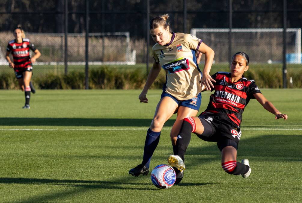 Claudia Cicco battles for possession in the 1-0 win over Western Sydney in a friendly last Saturday. Picture Jets Media