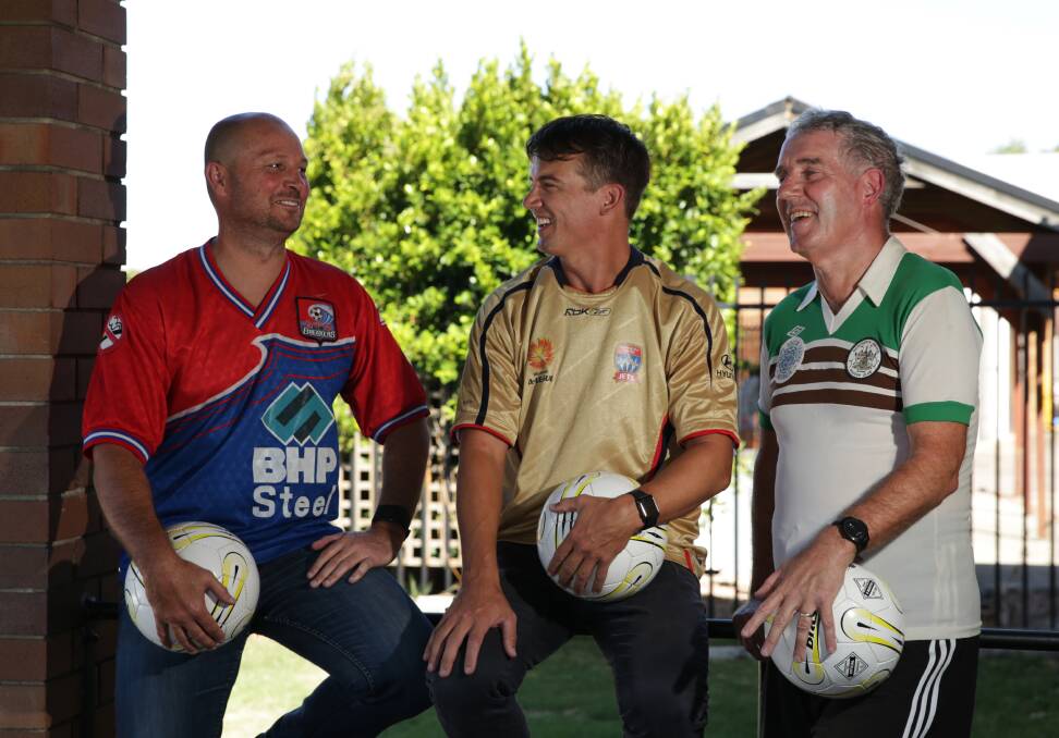 TRUE COLOURS: Shane Pryce (Breakers), Joel Griffiths (Jets) and David Jones (KB United) in their playing shirts from the different eras. Picture: Simone De Peak