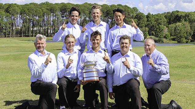 WINNERS ARE GRINNERS: Corey Lamb (front row, second from right) and Josh Robards (back row, far left) celebrate with their NSW teammates. Picture: Golf NSW