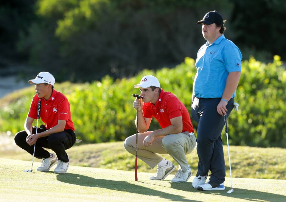 STANDING TALL: Winner Corey Lamb (right) waits on the green alongside Sam Slater (cente) and Jeffrey Guan during the Jack Newton Junior Golf State Age Championships. Picture: Jonathan Carroll