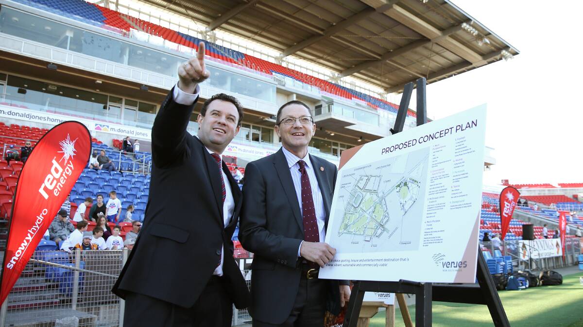 NEW PLAN: NSW Minister for Sport, Stuart Ayres, left, with Parliamentary Secretary for the Hunter, Scot MacDonald. Mr Ayres announced a blueprint for the Hunter Sports and Entertainment Precinct at Hunter Stadium on Wednesday. PICTURE: Marina Neil