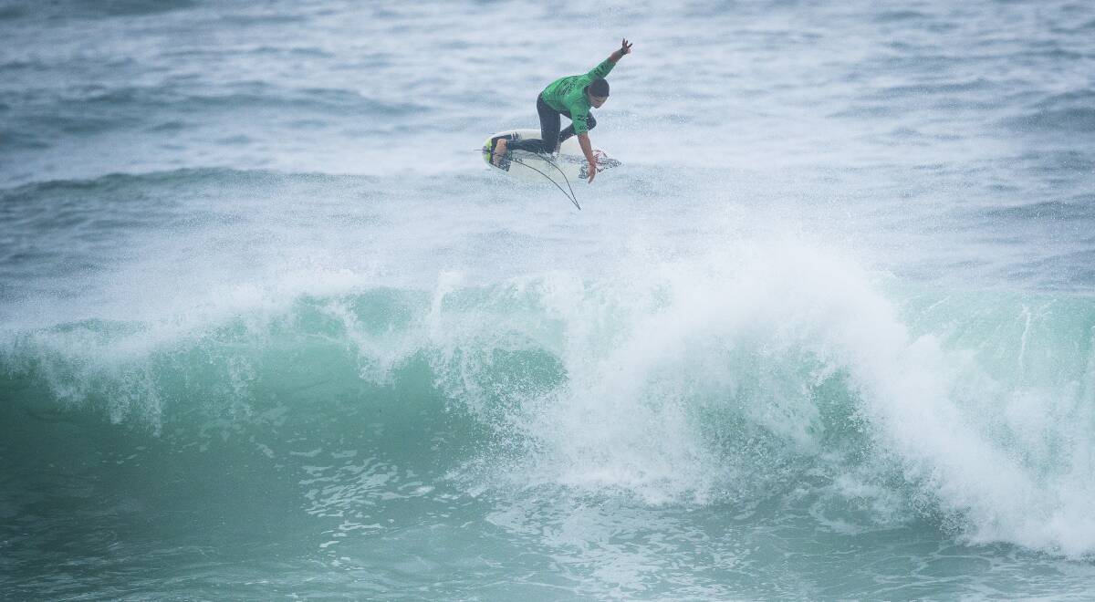 TAKE-OFF: Morgan Cibilic flying high at the Ericeira Pro in Portugal last year. Picture: Damien Poullenot/WSL