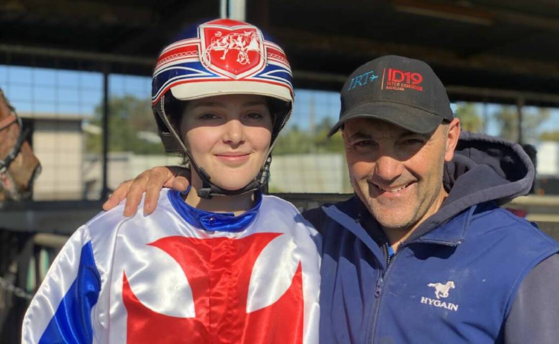 BIG NIGHT: Chloe Formosa, pictured with her father, Michael, will debut with two drives for him on the Newcastle Paceway program on Friday night. Picture: Supplied