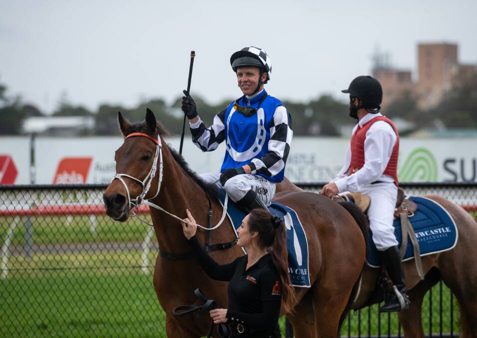 BACK: Mugatoo and jockey Kerrin McEvoy after their victory in the Newcastle Cup in September. McEvoy is aboard on Saturday. Picture: Marina Neil