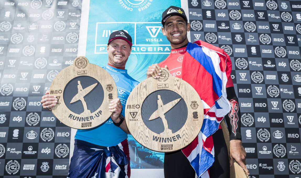 STOKED: Runner-up Jackson Baker and winner Ezekiel Lau at the Ericeira Pro presentation. Picture: WSL