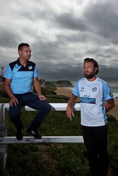 Charlestown coach David Tanchevski and star signing Ljubo Milicevic on Friday. Picture: Simone De Peak