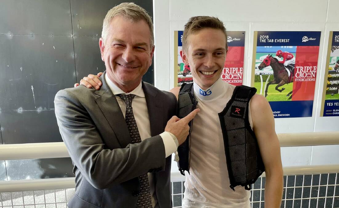 Kris Lees and Dylan Gibbons after the apprentice's first group 1 win, on Explosive Jack in the Sydney Cup in April. Picture Lees Racing