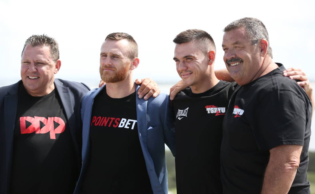 Manager Danny Dimas, Dennis Hogan, Tim Tszyu and Glen Jennings at the fight's launch last week at Fort Scratchley. Picture: Simone De Peak
