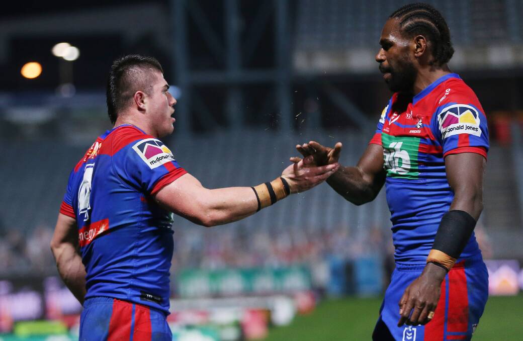 LETHAL COMBINATION: Centre Bradman Best and winger Edrick Lee celebrate a try against the Storm on Saturday night. Picture: NRL Imagery