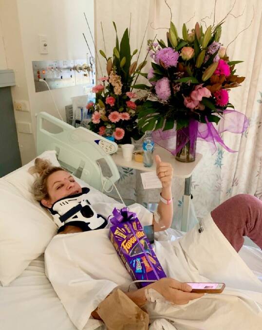 Jenny Duggan gives the thumbs up from her hospital bed on Saturday. Picture: Facebook