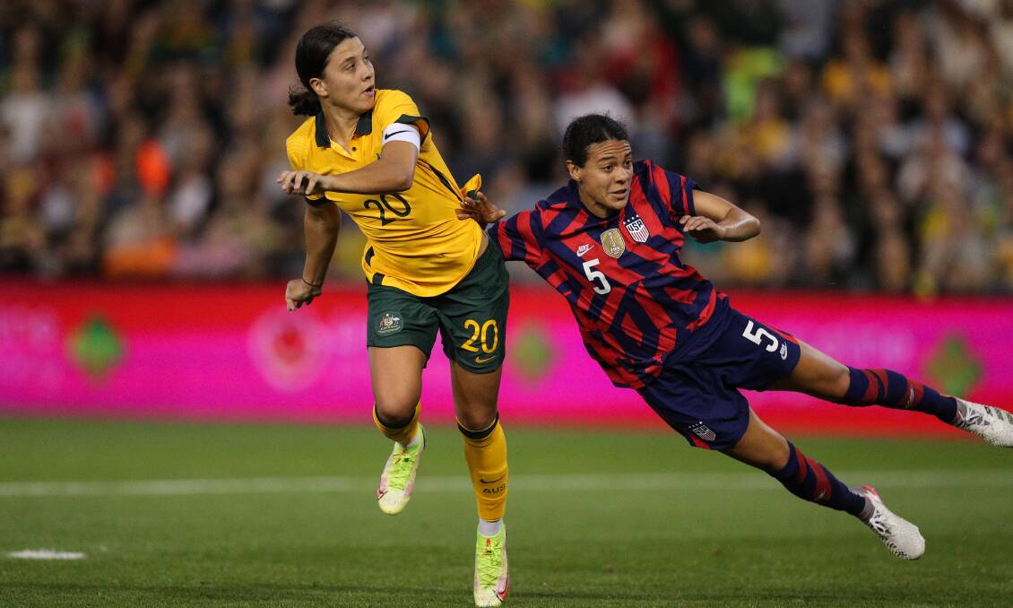 Australian captain Sam Kerr in action against the US at McDonald Jones Stadium in November 2021. Picture by Max Mason-Hubers
