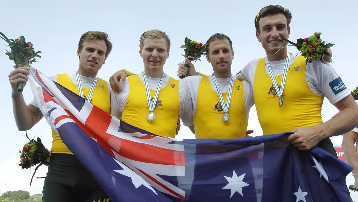 SUCCESS: William Lockwood, Alex Lloyd, Spencer Turrin and Joshua Dunkley-Smith of Australia with their silver medals after the men's sour at the 2013 World Rowing Championships in South Korea. Picture: Getty Images