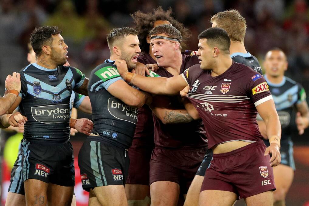 SQUARING UP: Tensions rise between NSW and Queensland players during Origin II in Perth last Sunday. NSW won 38-6 to level the series at 1-1. Picture: AAP