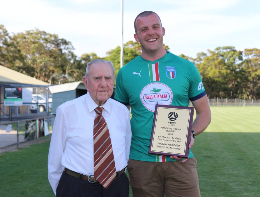 Bill Mahoney with 2020 goalkeeping award winner Nate Archbold. Picture: NNSWF