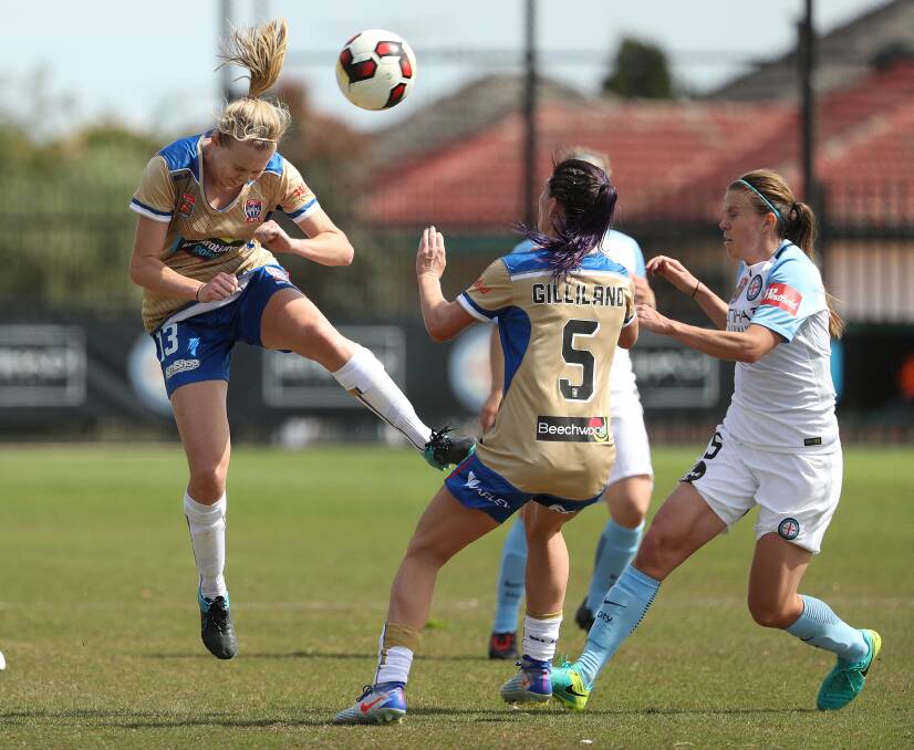 Jet Grace Macintyre heads the ball away last week against Melbourne City. Picture Getty Images
